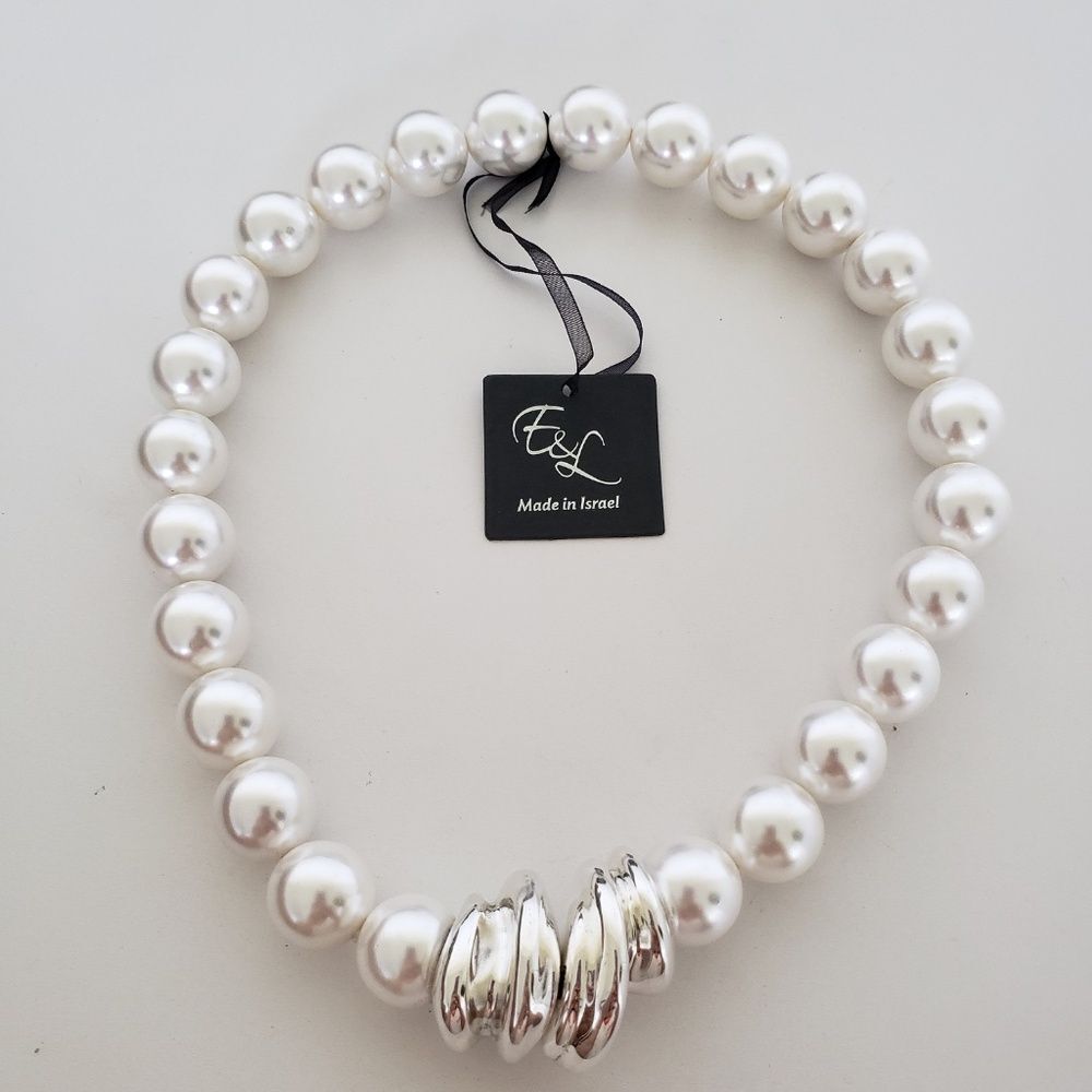 E&L Israel Sterling Silver Electroform Shell Pearl Beaded Necklace 18"